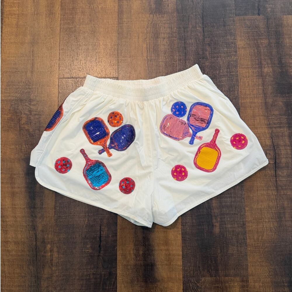 Queen of Sparkle Pickleball Sequin Athletic Running Shorts White Size Medium - Picture 2 of 10